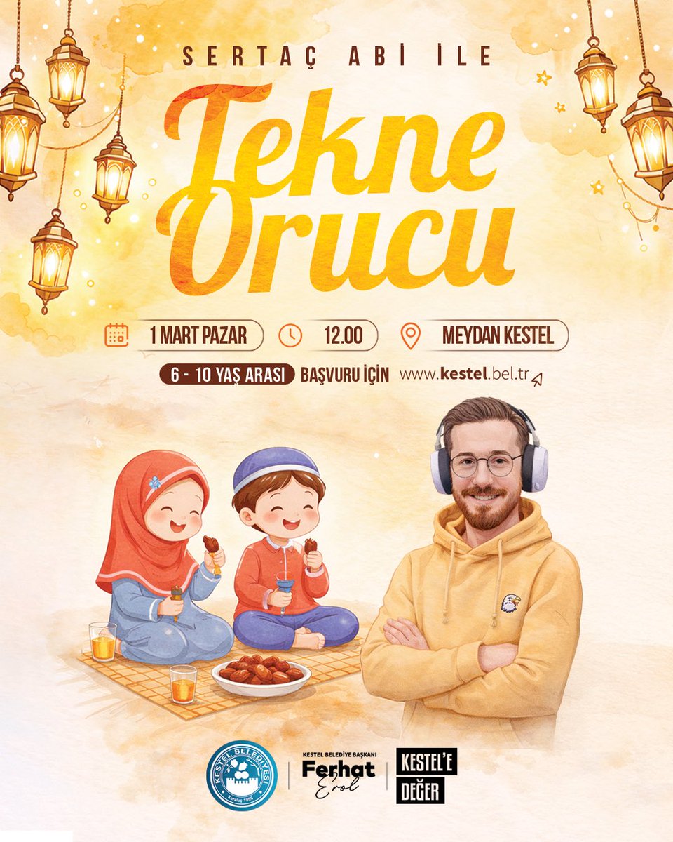 Minikler için Ramazan sevinci Kestel’de yaşanıyor 🌙
Sertaç Abi ile Tekne Orucu etkinliğimize tüm çocuklarımız davetli.

🗓 1 Mart Pazar | ⏰ 12.00
📍 Meydan Kestel

Başvuru 👉
ulakbel.kestel.bel.tr/WebBasvuru/tek…