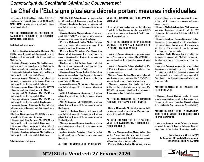 aboubacarybarma's tweet photo. #Niger #CNSP Communiqué du Secrétariat Général du Gouvernement : Le Chef de l’Etat signe plusieurs décrets portant mesures individuelles. (#Nominations #Prefets, #AD...) https://t.co/Lqz0yGxoPB