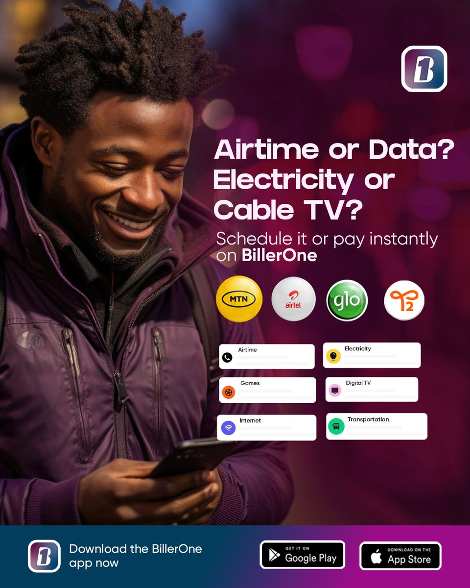 Stop jumping between apps for simple payments.

Airtime, data, electricity, TV and more. Sort everything on BillerOne in minutes.

#BillerOne #EasyPayments #FintechNigeria #DigitalLife #PaySmart