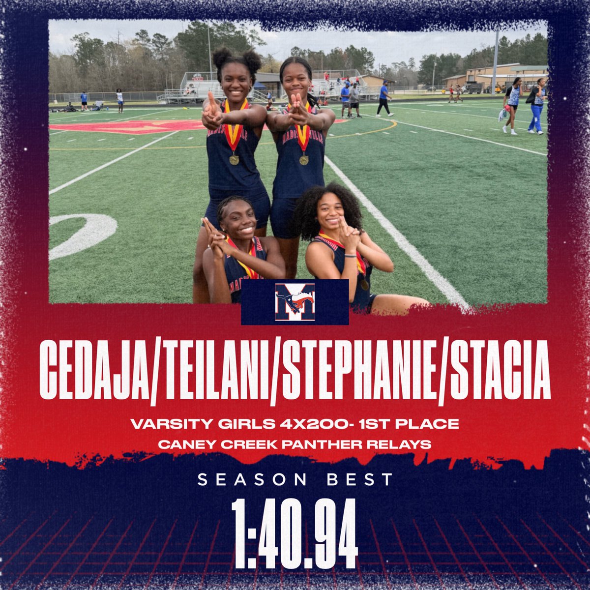 Season Best 
Varsity Girls 4x200
1st Place 🥇 
<a href="/cedajaa_/">Cedaja Ford</a> <a href="/teilanijl/">Teilani Lain</a> <a href="/Stephythegoat/">Stephanie</a> <a href="/itsstaciaaa/">stacia</a> <a href="/MCISDAthletics/">Madisonville Tx Athletics</a> <a href="/CoachBradTaylor/">Brad Taylor</a> 
#UnfinishedBusiness