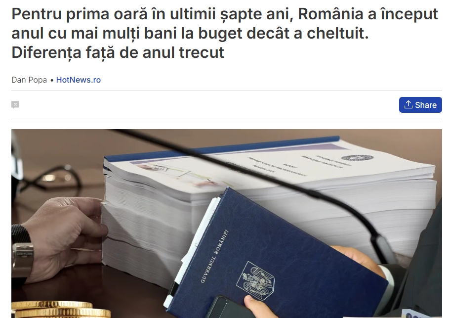 Asta nu ar trebui sa fie o surpriza, ci normalitate, dar nu s-a mai intamplat de 7 ani. 

Analizand datele din articol aflam ca diferenta fata de anul trecut in luna ianuarie e importanta. In 2025 statul cheltuia cu 11 miliarde RON mai mult decat incasa, anul acesta ramane cu 800