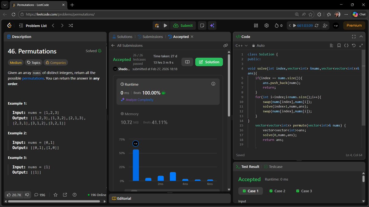 's tweet image. Day 130: Permutations
Backtracking
Swap current index
Recurse + backtrack
#LeetCode #Backtracking #Recursion