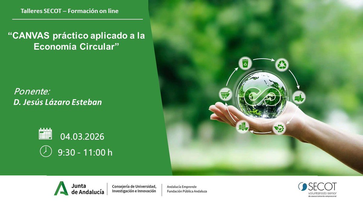 aemprende's tweet image. ✅ Nuevo taller @Secot_

♻️CANVAS práctico aplicado a la #EconomíaCircular.

📌 4 de marzo ⌚️09:30 a 11:00 h. 

Aprende a diseñar o transformar tu modelo de negocio integrando lo económico, ambiental y social.

📝Más info e inscripciones: bit.ly/4l8bY8X

#EmprendeAND