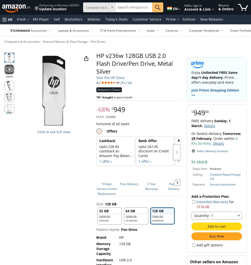 DealZille's tweet image. 🚨Lightning‑Fast 128GB USB‑2.0 Pen Drive  
Product: 949HP v236w 128GB Metal Silver – ₹599 (MRP: ₹899)  
Selling fast  

amazon.in/dp/B0C1H6S5X8?… #ad #USBDrive #TechDeal