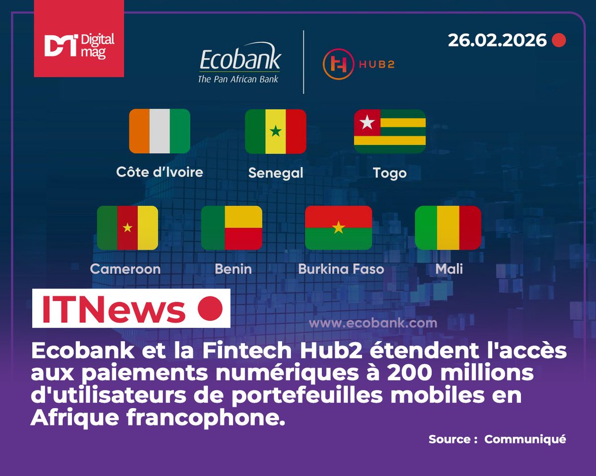 digital_magci's tweet photo. #ITNews #Fintech | @ecobankci et la Fintech Hub2 étendent l'accès aux paiements numériques à 200 millions d'utilisateurs de portefeuilles mobiles
À lire sur Digital Mag : https://t.co/7Ecl0LuFB5
#Digitalmagci #Afrique #CôtedIvoire #Ecobank #Fintech #Hub2 #Paiements_Numériques https://t.co/vvMuU4fUUJ