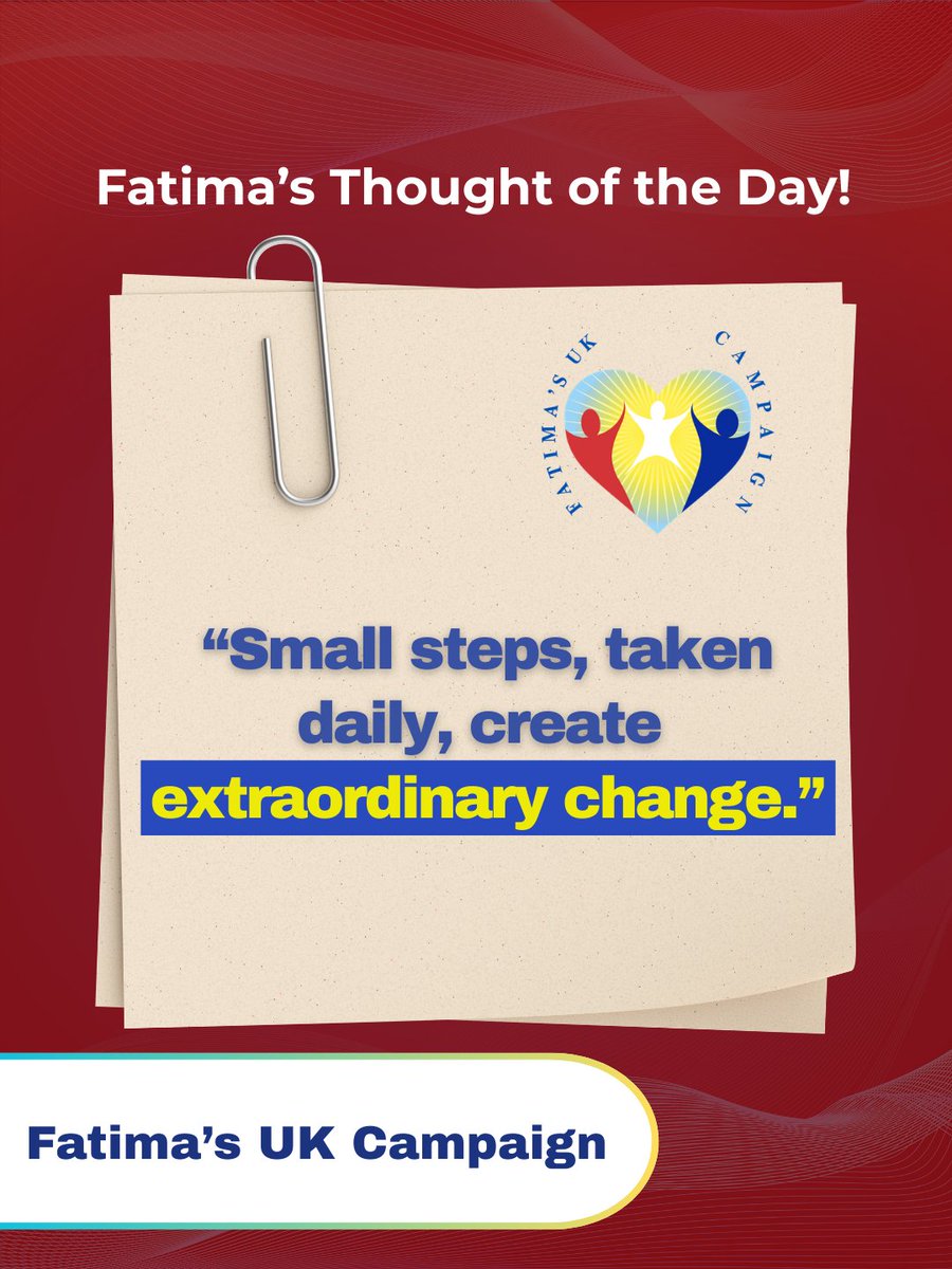 FatimaWh1tbread's tweet image. Fatima’s Thought of the Day: “Small steps, taken daily, create extraordinary change.”

Today’s Thought:
Consistency matters more than intensity. Daily effort builds foundations that lead to lasting transformation.

#FatimasUKCampaign #FatimaWhitbread #DailyProgress