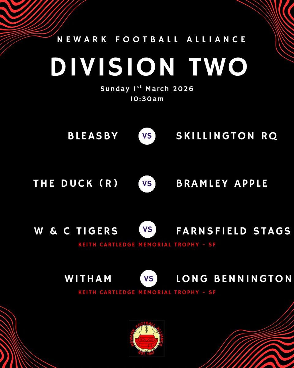 ⚽️𝗪𝗲𝗲𝗸𝗲𝗻𝗱 𝗙𝗶𝘅𝘁𝘂𝗿𝗲𝘀
📆𝗦𝘂𝗻𝗱𝗮𝘆 𝟭𝘀𝘁 𝗠𝗮𝗿𝗰𝗵 𝟮𝟬𝟮𝟲

Good Luck to all teams competing in the Willie Hall &amp; Keith Cartledge memorial trophies🏆