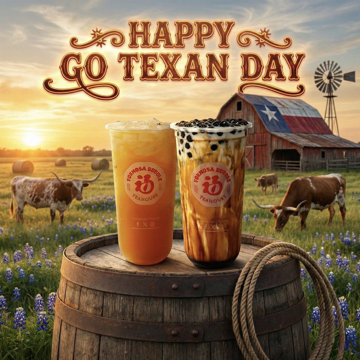 FormosaBTHouse's tweet photo. Yeehaw! It is time to show your Texas pride! Dust off those boots and grab your favorite hat as we kick off rodeo season in true Lone Star style. Swing by Formosa Bubble Teahouse for bold milk teas and sweet treats made for every cowboy and cowgirl in town 🤠🧋 https://t.co/C57WTCdZ32