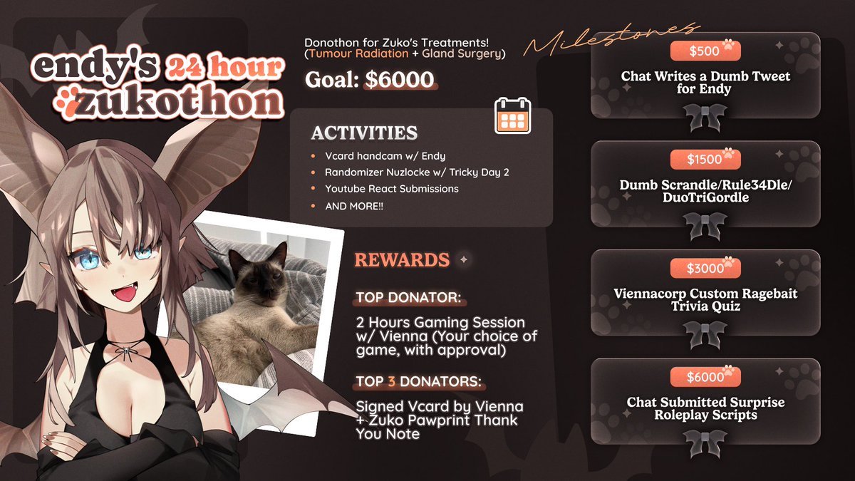 viennavtuber's tweet photo. Endy has a big project this weekend! She’s hosting a 24 hour donothon for Viennacorps cat Zuko! He’s my lil old man that I love very much, so I hope to see you there! 

Lots of fun events and activities! It starts this Saturday 👉✨🐱
Ft. 

- Handcam
- Embarrassing Goals
- Handsigned rewards for donators