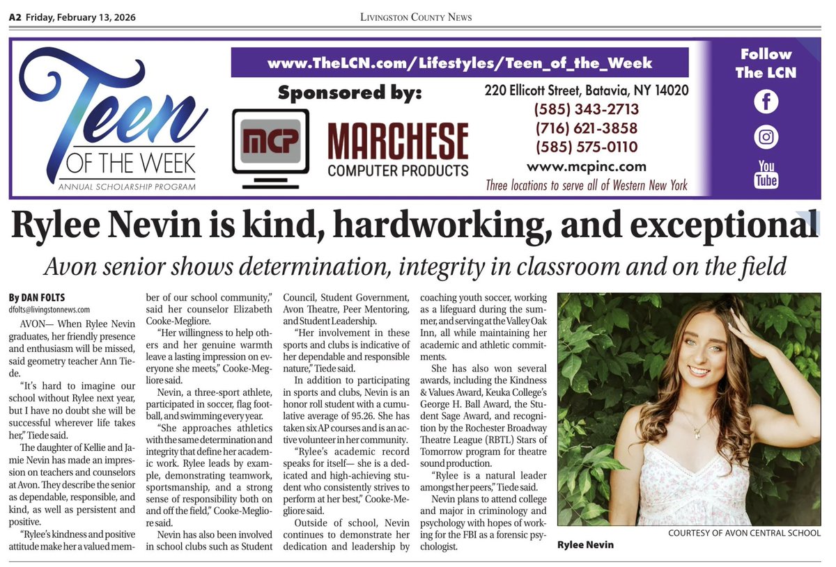 avon_central's tweet image. Look who made the paper - it’s #Avon’s own Rylee N.!

You can read full her ‘Teen of the Week’ article over on the LCN’s website at the link below

Congrats, Rylee!

Link: thelcn.com/townnews/sport…