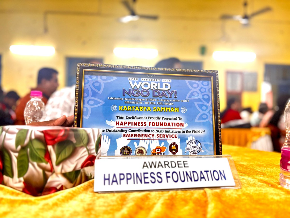 jointeamhf's tweet photo. On the occasion of World NGO Day, Happiness Foundation @jointeamhf was felicitated with the Kartabya Samman by #TheBell Organisation for its outstanding contribution to social service in the field of Emergency Services. https://t.co/KV3RBZy6y8