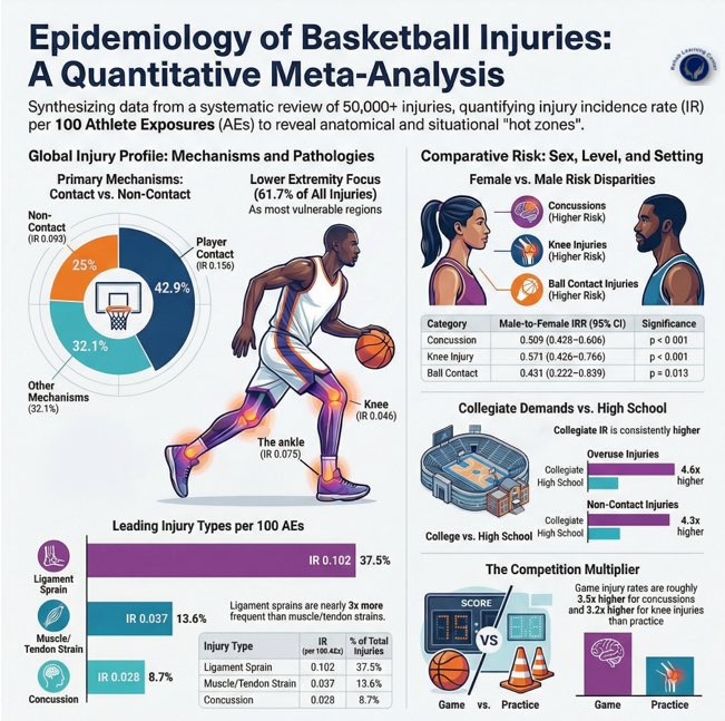 MikeReiman's tweet image. Epidemiology of Basketball Injuries
Systematic review and meta-analysis 
Stojanovic E, et al. Sports Med. 2025
The most common injury mechanisms in basketball are player contact and non-contact events, which together account for 68% of all reported injuries.
#injury #athlete