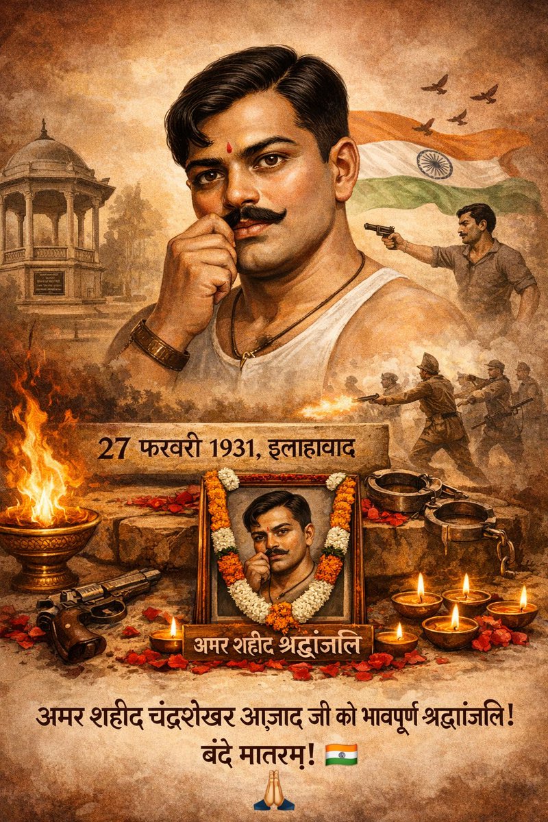 imKrishnDixit's tweet photo. भारत माता के अमर सपूत, अदम्य साहस और क्रांतिकारी चेतना के प्रतीक Chandrashekhar Azad जी की पुण्यतिथि पर कोटि-कोटि नमन।
27 फरवरी 1931 को Alfred Park में उन्होंने मातृभूमि की स्वतंत्रता के लिए अपने प्राणों का बलिदान दिया, 
🙏 अमर शहीद चंद्रशेखर आज़ाद जी को भावपूर्ण श्रद्धांजलि। 🇮🇳 https://t.co/g5Safk4nUv