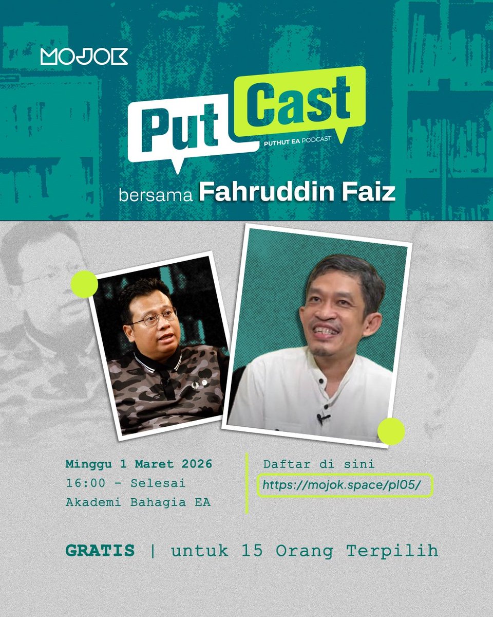 mojokdotco's tweet photo. Kami kembali mengundang 15 orang terpilih untuk ikut menyimak PutCast secara langsung. Kali ini, tamunya adalah Fahruddin Faiz yang bakal ngebahas soal anak muda dan krisis identitas digital.
Yang pengen ikutan, langsung aja daftar di sini 👉🏽 https://t.co/6NwK6faxfk
#PutCast https://t.co/TMnRf1C4xy