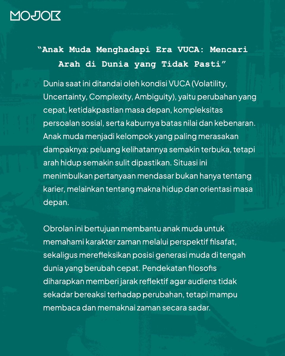 mojokdotco's tweet photo. Kami kembali mengundang 15 orang terpilih untuk ikut menyimak PutCast secara langsung. Kali ini, tamunya adalah Fahruddin Faiz yang bakal ngebahas soal anak muda dan krisis identitas digital.
Yang pengen ikutan, langsung aja daftar di sini 👉🏽 https://t.co/6NwK6faxfk
#PutCast https://t.co/TMnRf1C4xy