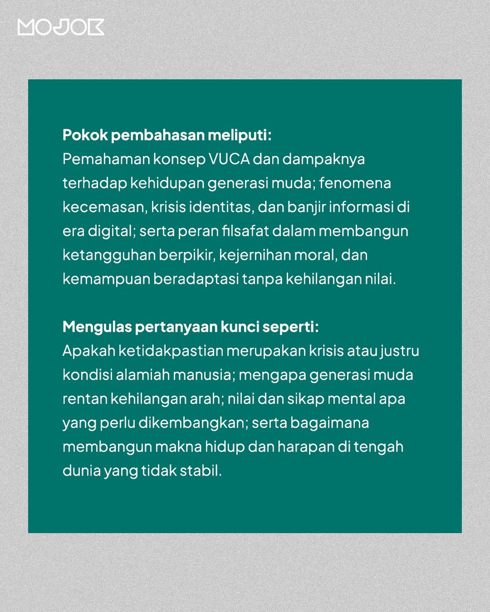mojokdotco's tweet photo. Kami kembali mengundang 15 orang terpilih untuk ikut menyimak PutCast secara langsung. Kali ini, tamunya adalah Fahruddin Faiz yang bakal ngebahas soal anak muda dan krisis identitas digital.
Yang pengen ikutan, langsung aja daftar di sini 👉🏽 https://t.co/6NwK6faxfk
#PutCast https://t.co/TMnRf1C4xy