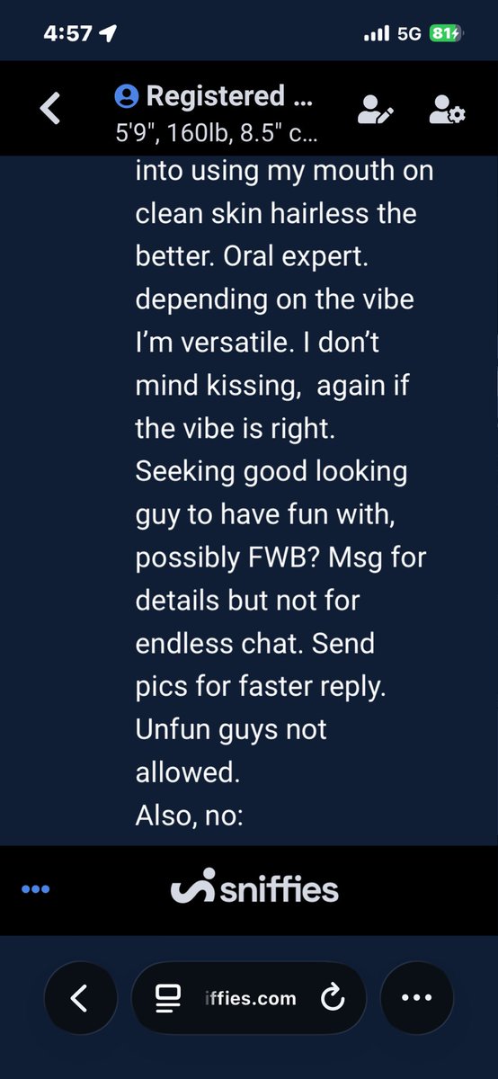 kylefromthere's tweet photo. Guy on sniffies : “ Hi , what’s up“? 

Me: Horny. You?

Guy: “ You got a load for my mouth? “

Me:  I dunno, what you got to coax it out? 

Guy: “wym?”

Me: Did you read my profile? 

Sniffies… : Cruiser Not Found. : 

Me:  HaHaHa 😂 dumbass…

Me↙️ https://t.co/3RKXDdLdPR