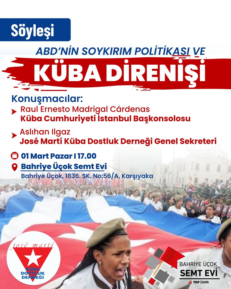 Soykırıma varan bir ablukayla #Küba halkını teslim almaya çalışan politikalara karşı, Küba halkı onuruyla direnmeye devam ediyor.

“ABD’nin Soykırım Politikası ve Küba Direnişi” başlıklı söyleşimizde, bu kuşatmayı, Küba’nın direncini ve uluslararası dayanışmanın önemini