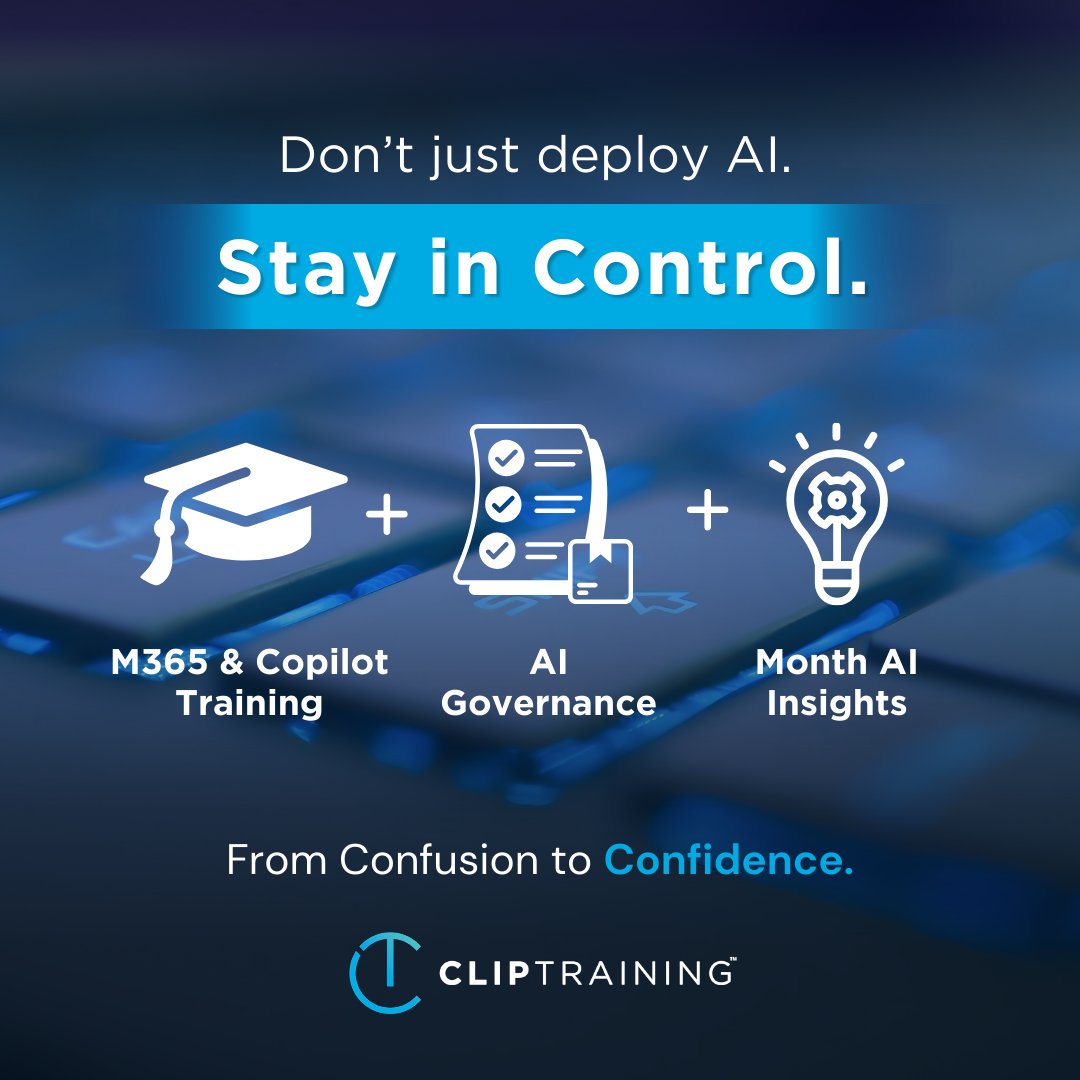ClipTraining's tweet photo. Don’t just deploy Copilot. Stay in control.
AI rollout is easy. Governance isn’t.
We bring:
💡 M365 &amp; Copilot training
💡 AI Governance + Policy Manager
💡 Monthly insights

Lead the rollout. Don’t just support it. https://t.co/7ArtDnCktr

#AIAdoption #MSPCommunity #M365 #Copilot https://t.co/0eoyCMJrJu