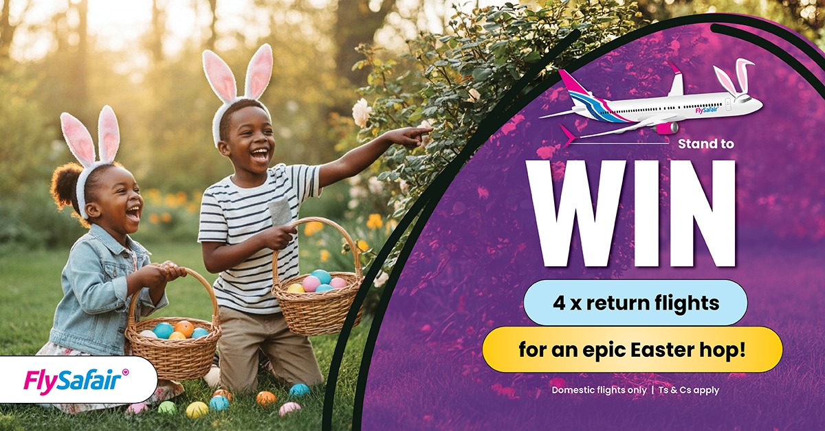 FlySafair's tweet photo. Hop into an Easter getaway!

Stand to WIN 4 domestic return flights and fly to one of 10 local destinations - flights on us.

Enter before 22 March.

T's&amp;C's apply