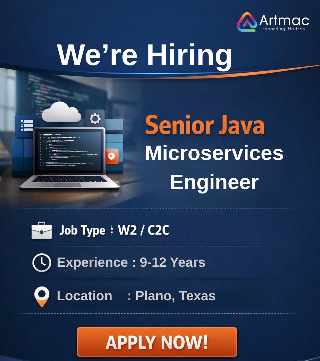 Artmacsoft's tweet photo. We are #Hiring for #USA #Positions

#JobTitle : #Senior #Java #Microservices #Engineer

#Location : #Plano, #Texas

https://t.co/niXGAG2UoA https://t.co/6tAwJF1oYw