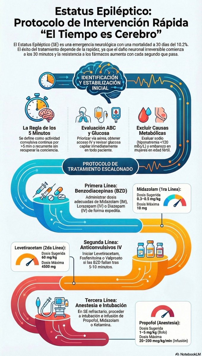 MarlonVFZR's tweet photo. 🚨🧠𝗦𝘁𝗮𝘁𝘂𝘀 𝗘𝗽𝗶𝗹𝗲𝗽𝘁𝗶𝗰𝘂𝘀 (𝗦𝗘): “𝘁𝗶𝗺𝗲 𝗶𝘀 𝗯𝗿𝗮𝗶𝗻”⏱️⚡️
@sciencedirect
👇🏼👇🏼👇🏼👇🏼
📑🔗🔑🔓
https://t.co/89ht2mBRSA
⬇️⬇️⬇️⬇️
🧵👇 

📌SE = crisis prolongada o crisis repetidas 𝙨𝙞𝙣 𝙧𝙚𝙘𝙪𝙥𝙚𝙧𝙖𝙧 𝙡𝙞𝙣𝙚𝙖 𝙙𝙚 𝙗𝙖𝙨𝙚 🧠🌀.
Hoy se considera SE si:
⏱️ ≥𝟱 𝙢𝙞𝙣 convulsivo continuo, o ≥𝟭𝟬 𝙢𝙞𝙣 focal con alteración de conciencia, o 𝟭𝟬–𝟭𝟱 𝙢𝙞𝙣 ausencias.
👉 Después de esos tiempos, la probabilidad de que pare sola es baja 😬 y hay riesgo de lesión neuronal 🔥.  

🧠🧬 𝙋𝙤𝙧 𝙦𝙪𝙚́ 𝙪𝙧𝙜𝙚: 𝙛𝙖𝙧𝙢𝙖𝙘𝙤𝙧𝙧𝙚𝙨𝙞𝙨𝙩𝙚𝙣𝙘𝙞𝙖 + 𝙡𝙚𝙨𝙞𝙤́𝙣 𝙣𝙚𝙪𝙧𝙤𝙣𝙖𝙡 🧨
En minutos ocurre:
⬇️ 𝙞𝙣𝙩𝙚𝙧𝙣𝙖𝙡𝙞𝙯𝙖𝙘𝙞𝙤́𝙣 𝙙𝙚 𝙧𝙚𝙘𝙚𝙥𝙩𝙤𝙧𝙚𝙨 𝙂𝘼𝘽𝘼 (↓ respuesta a benzos 😱)
⬆️ 𝙧𝙚𝙘𝙚𝙥𝙩𝙤𝙧𝙚𝙨 𝙉𝙈𝘿𝘼/𝙜𝙡𝙪𝙩𝙖𝙢𝙖𝙩𝙤 (más excitación ⚡️)
➡️ SE puede causar apoptosis/necrosis, disfunción mitocondrial 🔋⬇️, acidosis, hipoxia, hipotensión… incluso en NCSE 🧠🩸.  

🛟 𝘼𝘽𝘾 + 𝟮 “𝙢𝙪𝙨𝙩” 𝙞𝙣𝙢𝙚𝙙𝙞𝙖𝙩𝙤𝙨 ✅✅
Antes (y durante) el fármaco:
🫁 A/B/C: oxígeno, posición lateral, BVM si apnea 😮‍💨
🩸 𝙂𝙡𝙪𝙘𝙤𝙨𝙖 𝙘𝙖𝙥𝙞𝙡𝙖𝙧 𝙎𝙄𝙀𝙈𝙋𝙍𝙀 🍬📉
🤰 𝙋𝙧𝙪𝙚𝙗𝙖 𝙙𝙚 𝙚𝙢𝙗𝙖𝙧𝙖𝙯𝙤 en mujeres en edad fértil ✅
⚠️ Considera 𝙝𝙞𝙥𝙤𝙣𝙖𝙩𝙧𝙚𝙢𝙞𝙖 𝙨𝙚𝙫𝙚𝙧𝙖 como causa reversible: si Na muy bajo + convulsión → 𝟯% 𝟭𝟬𝟬–𝟭𝟱𝟬 𝙢𝙇 en 10 min (repetible hasta 2 veces) 🧂💉.  

💉🥇 𝟭ª 𝙡𝙞́𝙣𝙚𝙖: 𝘽𝙀𝙉𝙕𝙊𝘿𝙄𝘼𝘾𝙀𝙋𝙄𝙉𝘼𝙎 𝙗𝙞𝙚𝙣 𝙙𝙤𝙨𝙞𝙛𝙞𝙘𝙖𝙙𝙖𝙨 (𝙮 𝙧𝙖́𝙥𝙞𝙙𝙤) ⚡️
El mayor error es 𝙨𝙪𝙗𝙙𝙤𝙨𝙞𝙛𝙞𝙘𝙖𝙧 😬 (¡pasa mucho!).
Opciones eficaces:
💉 𝙈𝙞𝙙𝙖𝙯𝙤𝙡𝙖𝙢 𝙄𝙈 𝟬.𝟯–𝟬.𝟱 𝙢𝙜/𝙠𝙜 (𝙢𝙖́𝙭 𝟭𝟬 𝙢𝙜)
💉 𝙇𝙤𝙧𝙖𝙯𝙚𝙥𝙖𝙢 𝙄𝙑 𝟬.𝟭 𝙢𝙜/𝙠𝙜 (𝙢𝙖́𝙭 𝟰 𝙢𝙜)
💉 𝘿𝙞𝙖𝙯𝙚𝙥𝙖𝙢 𝙄𝙑 𝟬.𝟮 𝙢𝙜/𝙠𝙜 (𝙢𝙖́𝙭 𝟭𝟬 𝙢𝙜)
🔁 Si continúa: repetir una vez a los 𝟱 𝙢𝙞𝙣 ⏱️
👉 IM midazolam puede ser superior si no hay IV (se da antes) 🚑⚡️.  

💊🥈 𝟮ª 𝙡𝙞́𝙣𝙚𝙖 (𝟮𝟬–𝟰𝟬 𝙢𝙞𝙣): “𝙀𝙎𝙀𝙏𝙏 = 𝙚𝙢𝙥𝙖𝙩𝙚” ⚖️
Si persiste tras benzos → 𝙎𝙀 𝙚𝙨𝙩𝙖𝙗𝙡𝙚𝙘𝙞𝙙𝙤:
✅ 𝙇𝙚𝙫𝙚𝙩𝙞𝙧𝙖𝙘𝙚𝙩𝙖𝙢 𝟲𝟬 𝙢𝙜/𝙠𝙜 (𝙢𝙖́𝙭 𝟰𝟱𝟬𝟬 𝙢𝙜) 🚀
✅ 𝙑𝙖𝙡𝙥𝙧𝙤𝙖𝙩𝙤 𝟰𝟬 𝙢𝙜/𝙠𝙜 (𝗺𝗮́𝘅 𝟯𝟬𝟬𝟬 𝙢𝙜; +𝟮𝟬 𝙢𝙜/𝙠𝙜 𝙚𝙭𝙩𝙧𝙖 𝙥𝙤𝙨𝙞𝙗𝙡𝙚)
✅ 𝙁𝙤𝙨𝙛𝙚𝙣𝙞𝙩𝙤𝙞́𝙣𝙖 𝟮𝟬 𝙢𝙜𝙋𝙀/𝙠𝙜 (𝙢𝙖́𝙭 𝟭𝟱𝟬𝟬 𝙢𝙜𝙋𝙀)
📌 ESETT: 𝙨𝙞𝙣 𝙙𝙞𝙛𝙚𝙧𝙚𝙣𝙘𝙞𝙖 𝙘𝙡𝙖𝙧𝙖 entre estos 3 si se usan a dosis correctas.  

🧯🥉 𝙍𝙚𝙛𝙧𝙖𝙘𝙩𝙖𝙧𝙞𝙤: 𝙖𝙣𝙚𝙨𝙩𝙚𝙨𝙞𝙖 + 𝙞𝙣𝙩𝙪𝙗𝙖𝙘𝙞𝙤́𝙣 + 𝙀𝙀𝙂 𝙘𝙤𝙣𝙩𝙞𝙣𝙪𝙤 🛌🧠📉
Si sigue tras benzos + 2 ASM → 𝙧𝙚𝙛𝙧𝙖𝙘𝙩𝙖𝙧𝙞𝙤 😱
➡️ intubar + infusión anestésica:
🟣 𝙈𝙞𝙙𝙖𝙯𝙤𝙡𝙖𝙢 bolos + infusión
🟠 𝙋𝙧𝙤𝙥𝙤𝙛𝙤𝙡 bolos + infusión
🟢 𝙆𝙚𝙩𝙖𝙢𝙞𝙣𝙖 (NMDA) = atractiva por farmacorresistencia + mejor perfil hemodinámico 💪🫀
🧠 𝙀𝙀𝙂 𝙘𝙤𝙣𝙩𝙞𝙣𝙪𝙤 para titular y detectar NCSE ✅.  

🫥🧠 𝙉𝘾𝙎𝙀: 𝙡𝙖 𝙘𝙖𝙪𝙨𝙖 𝙤𝙘𝙪𝙡𝙩𝙖 𝙙𝙚𝙡 “𝙘𝙤𝙢𝙖 𝙞𝙣𝙚𝙭𝙥𝙡𝙞𝙘𝙖𝙙𝙤” 👀⚠️
NCSE es común en UCI y puede presentarse como:
😵‍💫 confusión/agitación | 😶‍🌫️ estupor/coma | 👁️ movimientos oculares anómalos | 🤖 automatismos
📌 33–46% viene tras convulsivo inicial; y puede progresar a refractario.
✅ Indicaciones prácticas de EEG continuo:
•todo intubado por SE
•no mejora alerta en 10 min o sigue alterado >30 min tras parar convulsión.  

‼️Si te sirve: ❤️ Me gusta | 🔁 Repost | ➕ Follow para más #MedED en #ClubCrit 😄🧠🫶

📚📖 Más en el blog #ClubCrit 👉 [https://t.co/wbCJFKHCXL]

#Neurocritical #NeuroX #NeuroICU #Neurocritical #StatusEpilepticus #Neurology #EEG #POCUS #BNP #HeartFailure #Radiology #Dyspnea #POCUS #LungUltrasound #JVP #ICU #CriticalCare #CuidadoCrítico #MedTwitter #CritCare #Diagnóstico #icu #intensivecare #diagnosis #management #UCI #Tratamiento #MedicinaBasadaEnEvidencia #POCUS #MedEd #Medicina #Emergencias #FOAMed #FOAMcc #MedX #IntensiveCare #EducaciónMédica #MedIntensiva #MedXCommunity #MedicinaCrítica #MedED #CritCare #ICUmanagement #MustRead #LecturaRecomendada