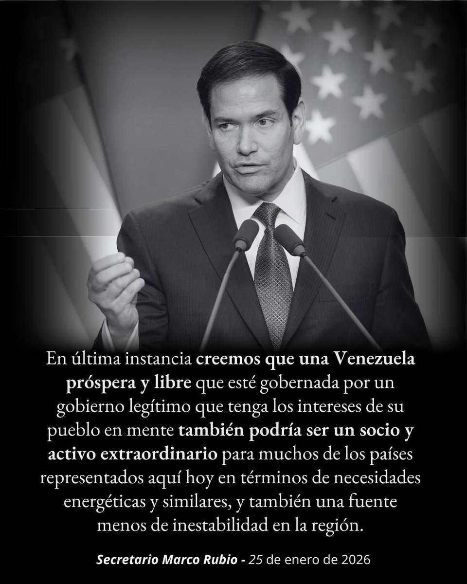 "En última instancia creemos que una Venezuela próspera y libre que esté gobernada por un gobierno legítimo que tenga los intereses de su pueblo en mente también podría ser un socio y activo extraordinario para muchos de los países representados aquí hoy en términos de