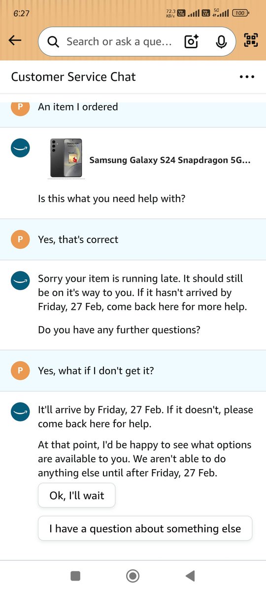 Poorva_2802's tweet photo. @AmazonHelp 25th, 26th, 27th now how many days? Such nonsense systems generated replies, no response on email. First you promise to deliver an order within 24hrs ur delivery agent updates false status and then you give no response over chats, emails or calls. https://t.co/FTmBjcjE9E