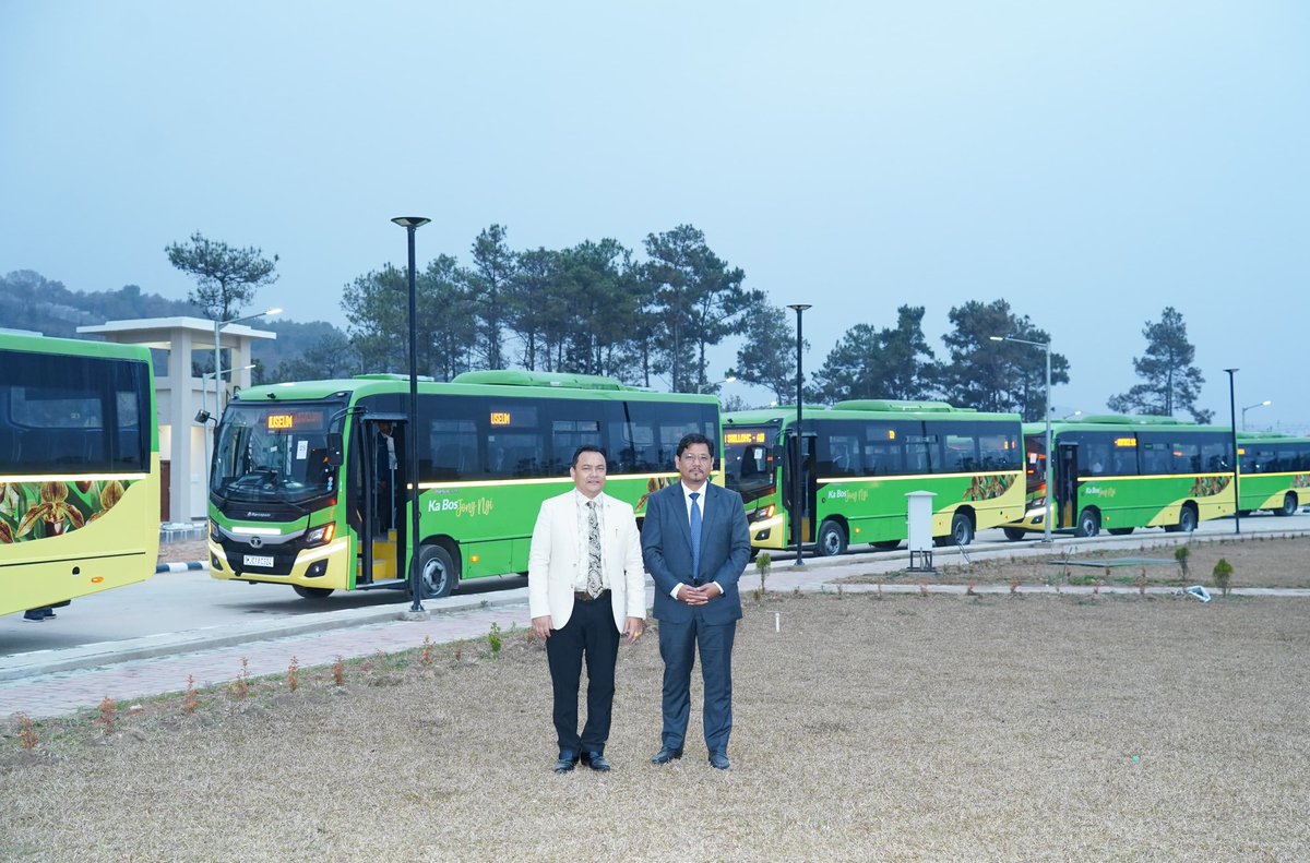 SangmaConrad's tweet photo. Flagged off a fleet of Ka Bos Jong Ngi or Our Buses, the newly launched buses of the Shillong Public Transportation Service. 

At present public transport accounts to only 5%. Hopeful that the buses will encourage our people to choose public transport and help unburden the traffic woes in the city and its adjacent areas. With this, we plan to increase public transport share to 30% by 2030 in line with our Shillong Urban Mobility Policy. 

@mlkhattar