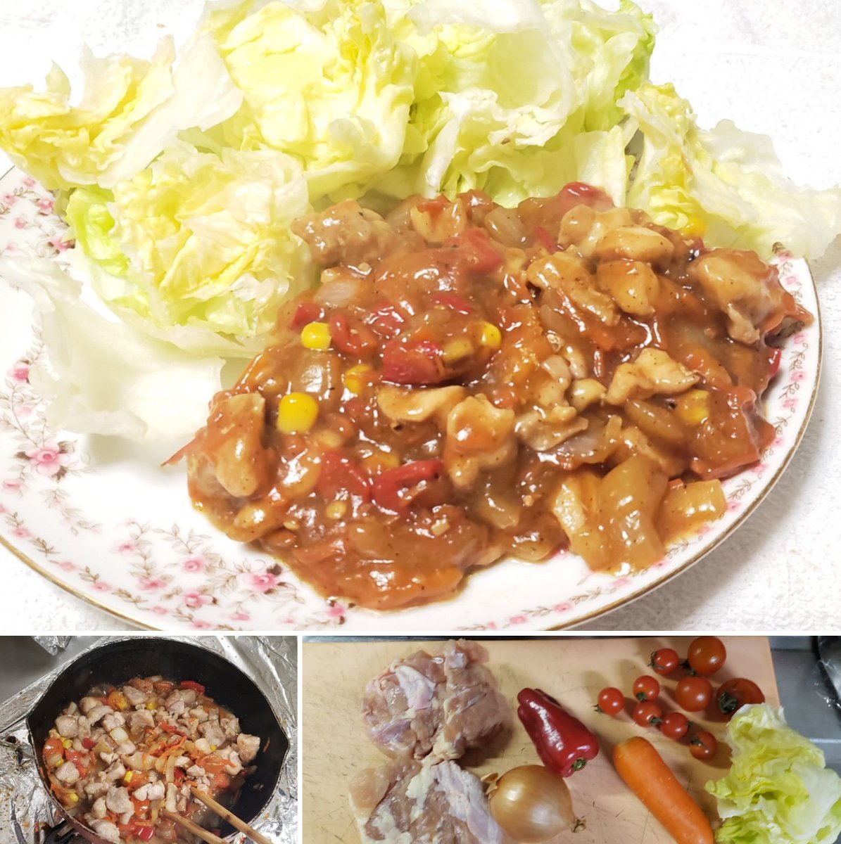 レタスの鶏肉トマト乗っけ。
冷蔵庫の中のものでテキトーに。
とにかくレタスに乗せて食べるだけ。まあまあ美味しい。