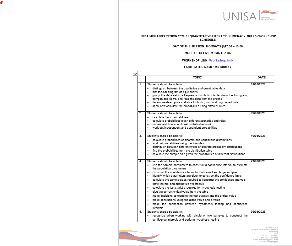 UnisaMidRegion's tweet photo. Invitation to Quantitative Literacy (Numeracy skills) Workshop Schedule 

Days of the Session: Mondays @17:00-19:00
Joining link : https://t.co/ScaKt87JjA
Facilitator’s name: MS Girmay https://t.co/OPBzW42MH1