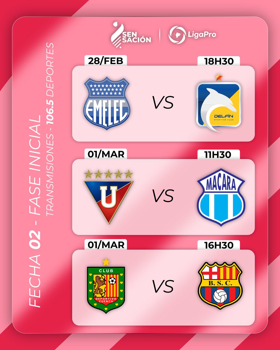 Radio1065FM's tweet image. La segunda fecha de la #LigaPro ⚽️🇪🇨 la podrás disfrutar en la señal de Sensación 🎙️📻

#Emelec 🔵🔵 🆚 #Delfin 🟡🔵
#LDU ⚪️⚪️ 🆚 #Macara 🔵⚪️
#DCuenca 🔴⚫️ 🆚 #BarcelonaSC 🟡⚫️

📻106.5FM en Cuenca, Azogues y Biblián
📹FBLive: facebook.com/share/1ZbRZzDV…
🌏radiosensacion.com.ec