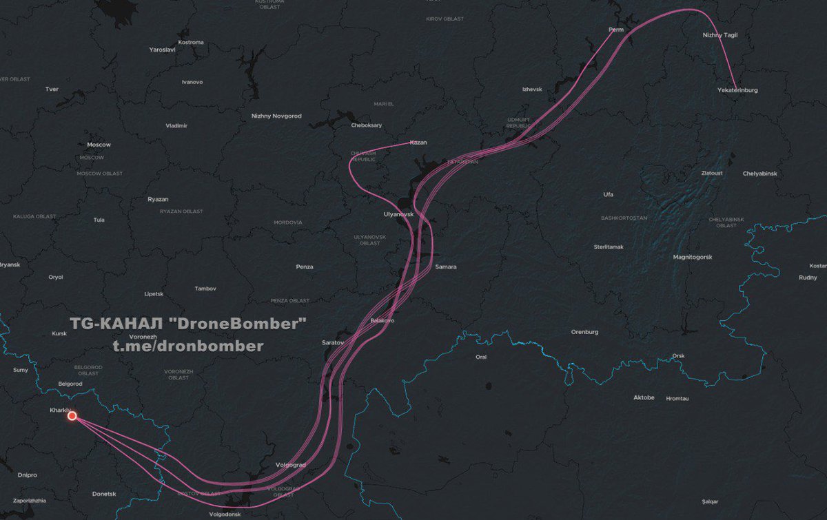 DrnBmbr's tweet photo. Today, Russian monitoring channels are reporting the launches of "Flamingo" missiles. According to data emerging from these sources, an epic picture of the flight path of three such missiles is taking shape. It appears that all three units followed an identical route, hugging the terrain and tracing the bends of the Don River.

The most intriguing aspect of this story is that the route potentially ran at ultra-low altitudes directly above the riverbed. This is a classic maneuver to bypass radar systems, where the water surface serves as a natural corridor for a stealthy approach. The distance covered is staggering—the total length of this "journey" was approximately 1,800 kilometers.

Whether these were actual combat missiles or decoys remains an open question. However, the fact remains: flying such a distance right under the nose of the entire Russian air defense network is a demonstration of a solid operational level. The map clearly illustrates how these "birds" confidently maintained their course toward potential targets deep in the rear.

#DroneBomberMaps #UAVStrikes #RussiaUnderFire 

TG: https://t.co/E9cq2w3tkw 

Support us 
PayPal: adamcukrostik018@gmail.com 
Card: 5375411218829708
