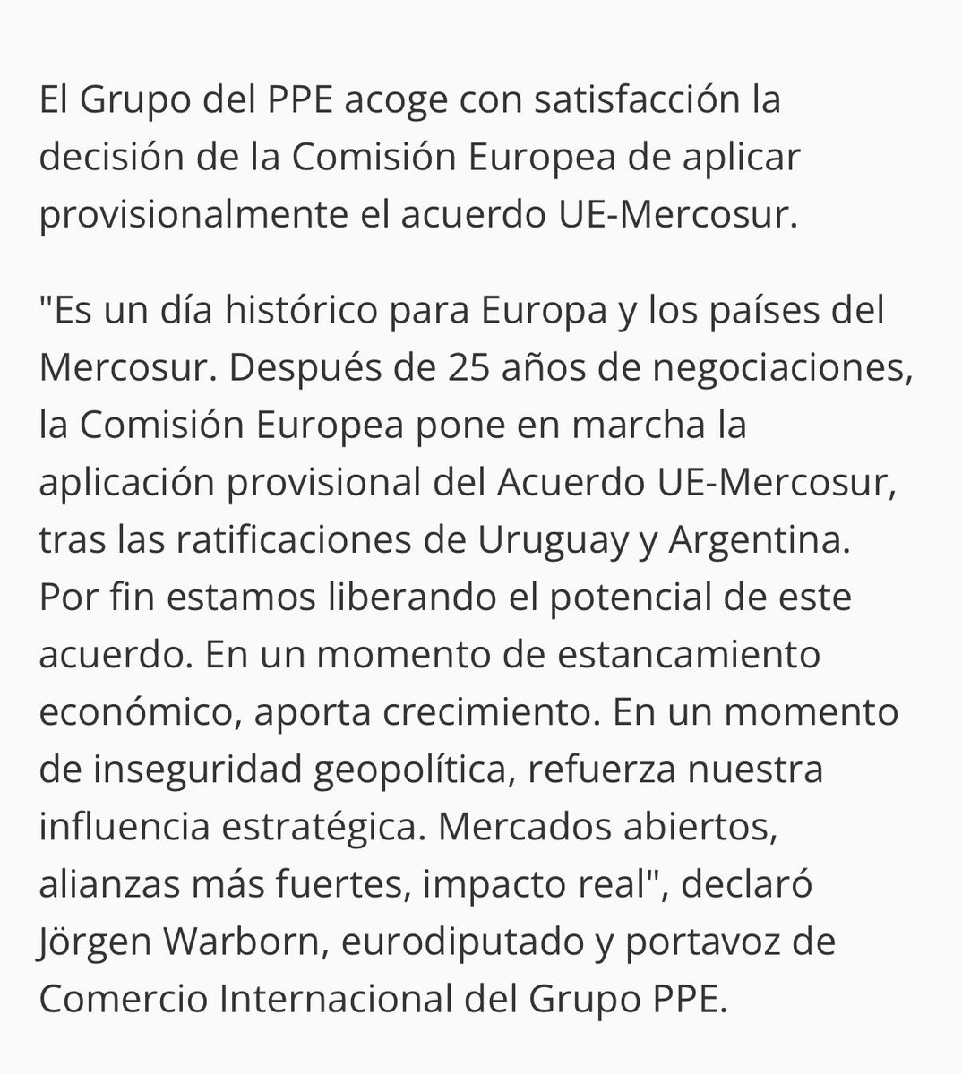 Por si alguno tenía dudas, que creo que no: el Partido Popular europeo emite nota celebrando que Úrsula von der Leyen se salte al parlamento y el TJUE y ordene la aplicación provisional de #Mercosur, condenando a miles de agricultores y ganaderos.