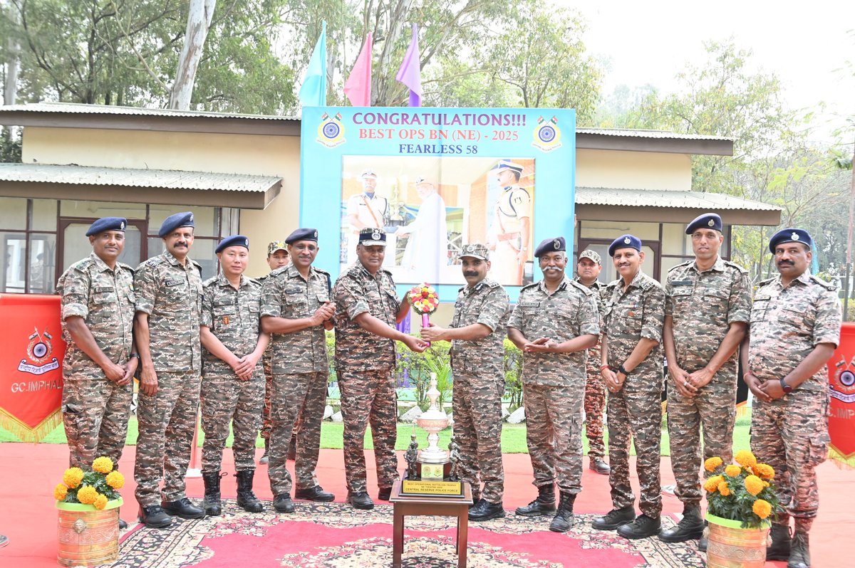 Commandant58Bn's tweet photo. On being awarded Best Ops BN of NE, Sh. Rajendra Narayan Dash, IG, with officers of M&amp;N Sector and GC Imphal, felicitated Team 58. This honor reflects the battalion’s excellence, and dedication, and will remain a proud legacy inspiring future generations in service to the nation. https://t.co/lmTagvewOq