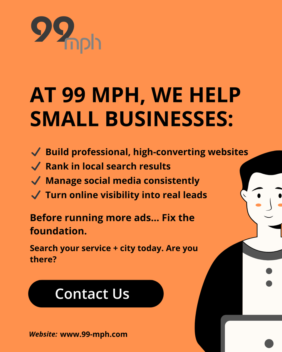 99mphstudio's tweet photo. 99 MPH was built to help small businesses compete online   without the confusion, without the overwhelm.

Comment your industry below. Let's see where you stand.

#99MPH #SmallBusinessMarketing #LocalSEO #WebsiteDesign #SocialMediaManagement #LeadGeneration #BusinessGrowth https://t.co/jgnNeQnbrU