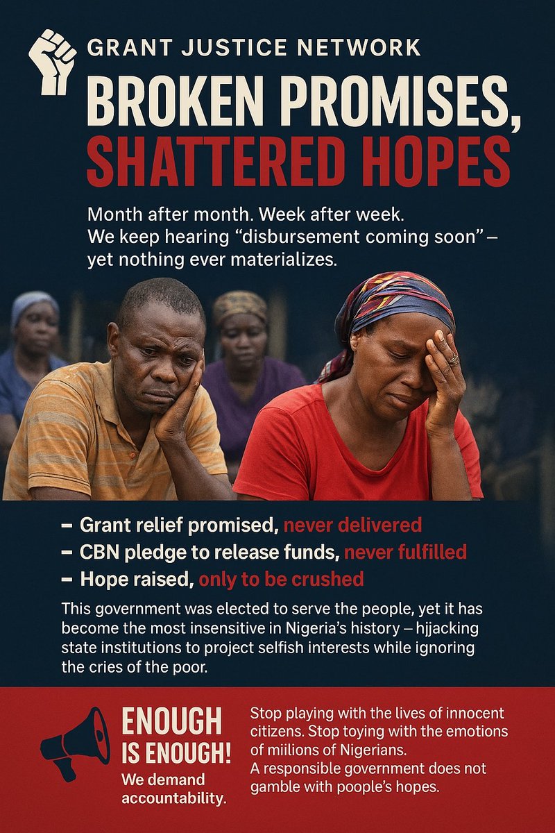 💔 They promised relief.
💔 They promised disbursement.
💔 They delivered silence.
Millions of Nigerians are still waiting.
This is not governance — it’s emotional manipulation.
#JusticeForThePoor
<a href="/cenbank/">Central Bank of Nigeria</a> <a href="/olayemicardoso1/">Olayemi Cardoso</a>
<a href="/IMFNews/">IMF</a> <a href="/WorldBankGroup/">World Bank Group</a> 
<a href="/realDonaldTrump/">Donald J. Trump</a> <a href="/RepRileyMoore/">Rep. Riley M. Moore</a>