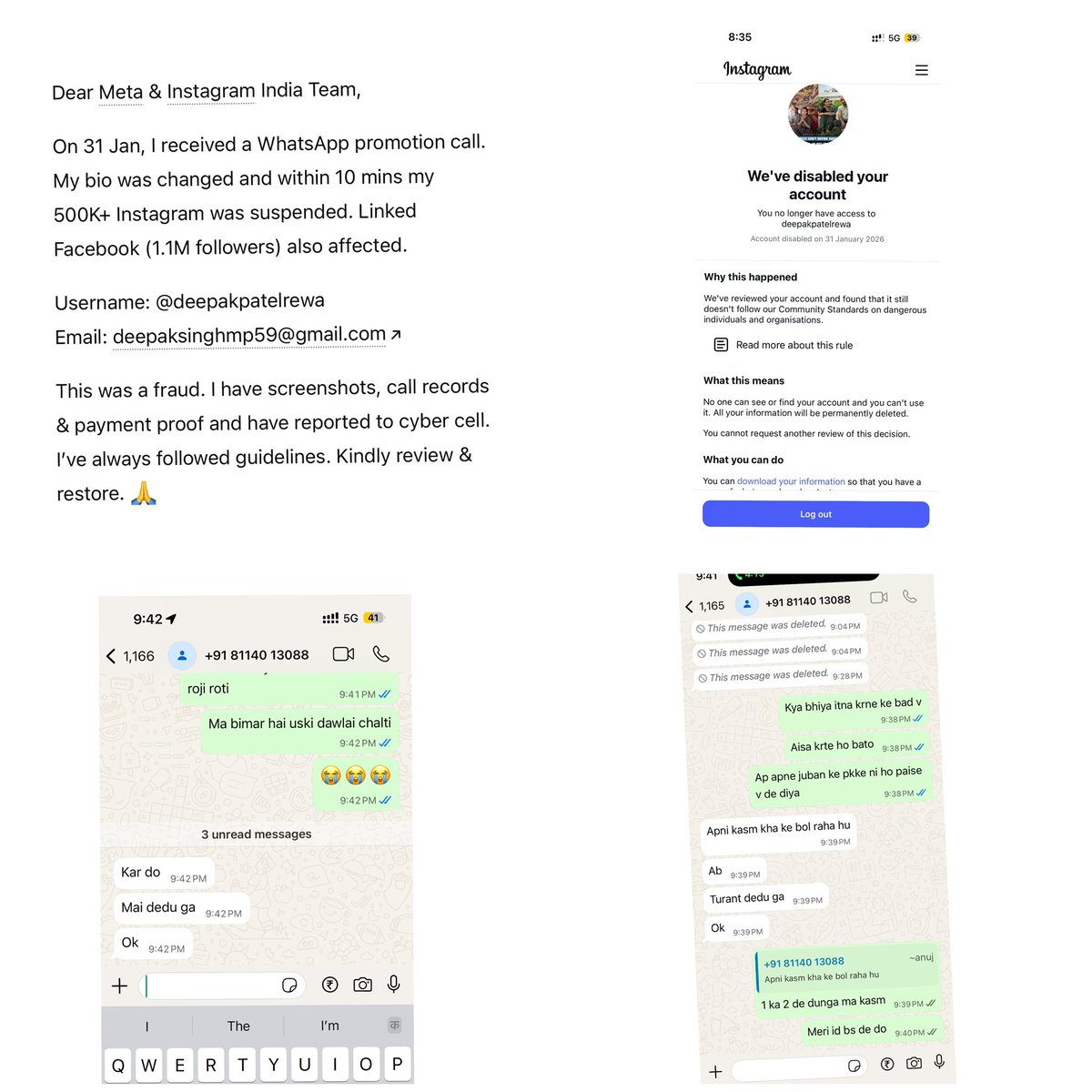 Deepakpatelrewa's tweet photo. My Instagram (500K+ followers) &amp; Facebook (1.1M followers) accounts were hacked &amp; suspended after I fell victim to a WhatsApp fraud on Jan 31. Despite reporting &amp; sharing details with support, no resolution yet. I'm an artist, mylivelihood depends on these accounts. @finkd @Meta https://t.co/PAmeTOIcSJ