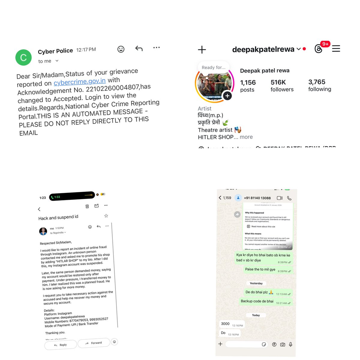 Deepakpatelrewa's tweet photo. My Instagram (500K+ followers) &amp; Facebook (1.1M followers) accounts were hacked &amp; suspended after I fell victim to a WhatsApp fraud on Jan 31. Despite reporting &amp; sharing details with support, no resolution yet. I'm an artist, mylivelihood depends on these accounts. @finkd @Meta https://t.co/PAmeTOIcSJ