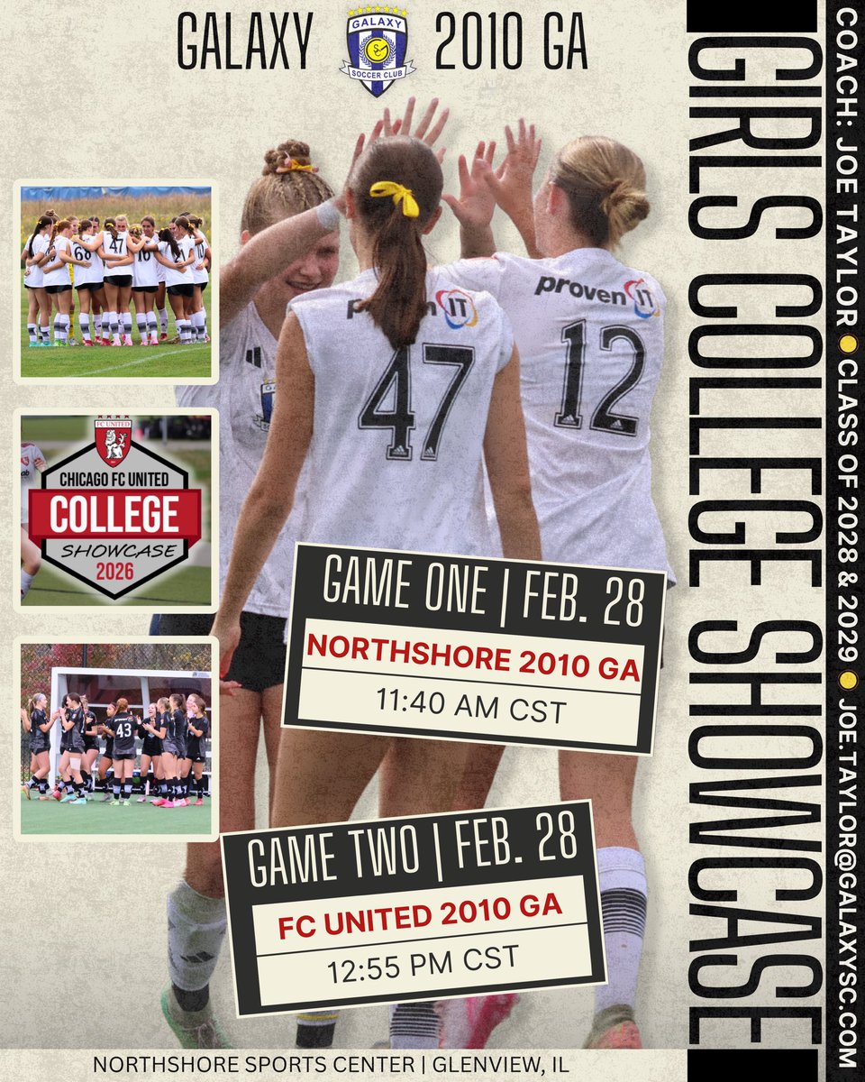 Galaxy2010GA's tweet photo. Headed to the northern suburbs for the FC United Girls College Showcase! ⚽🔥

🕦 Game 1: Northshore 2010 GA – 11:40 AM
🕐 Game 2: FC United 2010 GA – 12:55 PM
@GalaxySCIL @GAcademyLeague @TopDrawerSoccer @PrepSoccer @ImYouthSoccer @TheSoccerWire https://t.co/kQKr1rzrnG