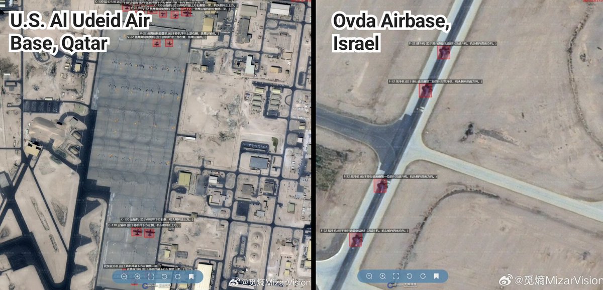 EladRadson's tweet photo. On the left: U.S. Al Udeid Air Base in Qatar, empty of all strategic aerial platforms.

On the right: Ovda Airbase, in Israel — 4 U.S. F-22 Fighter jets ready on the runway.

In the moments of truth, there are allies you can count on and "allies" you can't! https://t.co/f9YCCHzSWA