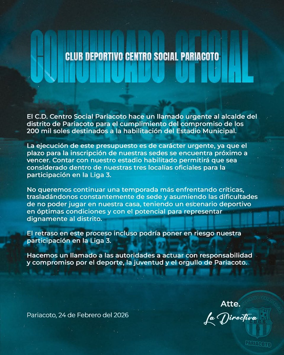 SegundaPeru's tweet image. #Liga3 Club Social Pariacoto pide apoyo al alcalde de Pariacoto para acondicionar el estadio Municipal