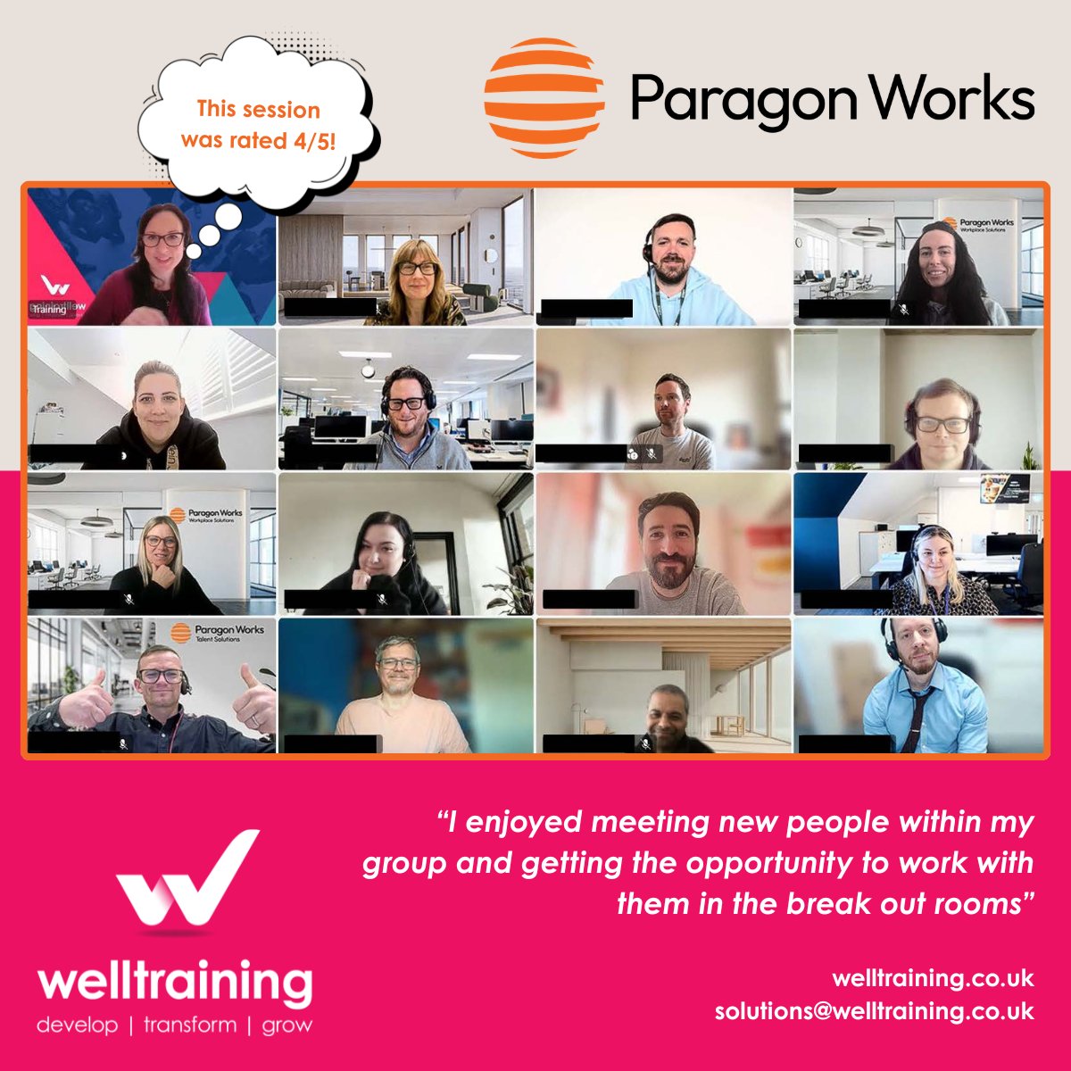 WELLTraining2's tweet photo. Great energy in the virtual room with Paragon Works.
Sharpening communication, aligning goals & driving impact. #leadershipdevelopment #leadership #communication #goalsettingforsuccess #ProfessionalDevelopment #training #neverstoplearning #fridaymotivation #improveperformance https://t.co/OArJYHaW8o