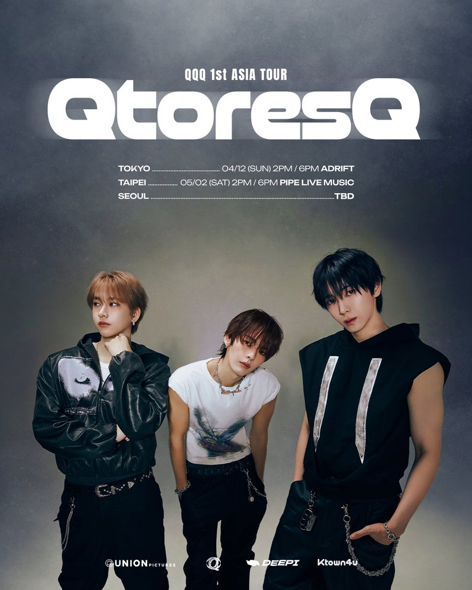 [2026 QQQ 1st ASIA TOUR <QtoresQ>]

📍TOKYO
04. 12  2PM, 6PM
CONCERT TICKET: bit.ly/4tY12yP
EVENT TICKET: bit.ly/3MKxtjx

📍TAIPEI
05. 02 (SAT) 2PM, 6PM
CONCERT TICKET: bit.ly/4aTDJ0l
EVENT TICKET: bit.ly/4cNK5kj

#QQQ #KB #JISUNG #NINE