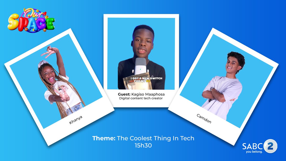 SABC_2's tweet image. Let's have a chat about The Coolest Thing in Tech on #OurSpaceSABC2, at 15:30.

Khanya and Camdon will be joined by digital tech content creator Kagiso Maaphosa.

#SABC2 #LiveInEveryBeat