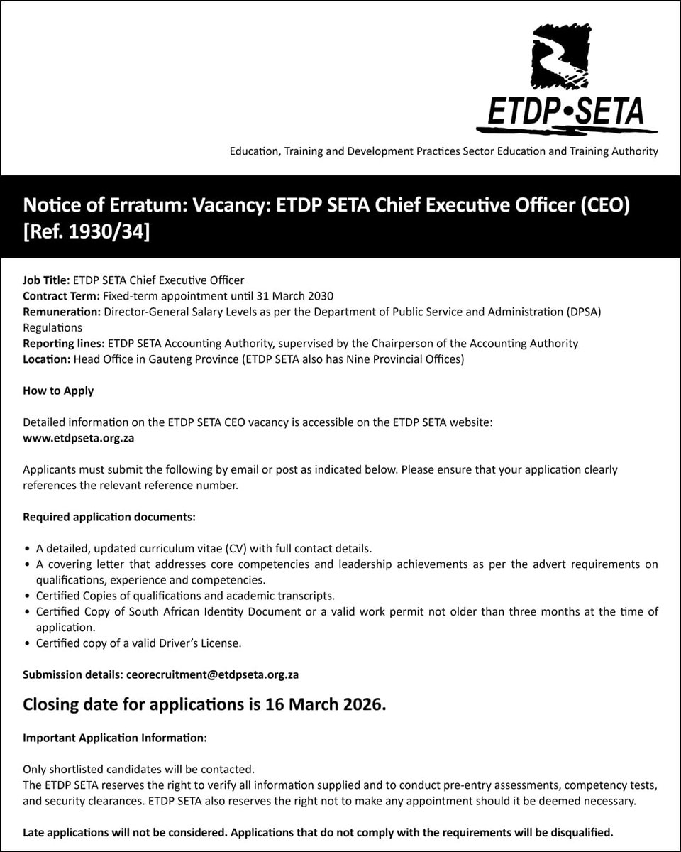 Notice of Erratum: Vacancy – CEO [Ref: 1930/34] The ETDP SETA issues an ...