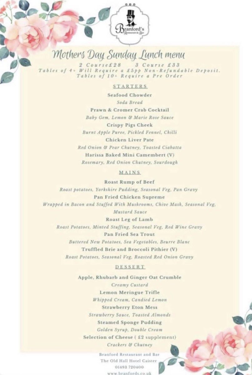 🌹Come Along And Join Us For A Mother’s Day Sunday Lunch 🌹

🌷Available Sunday 15th March 

🕰12pm till 6pm 

All Details On Menu 🌷

🌹Call Our Team For Availability On 01493 720400 As Filling Up Quick🌹 <a href="/YidTye/">Tyrone Harold BEM</a>