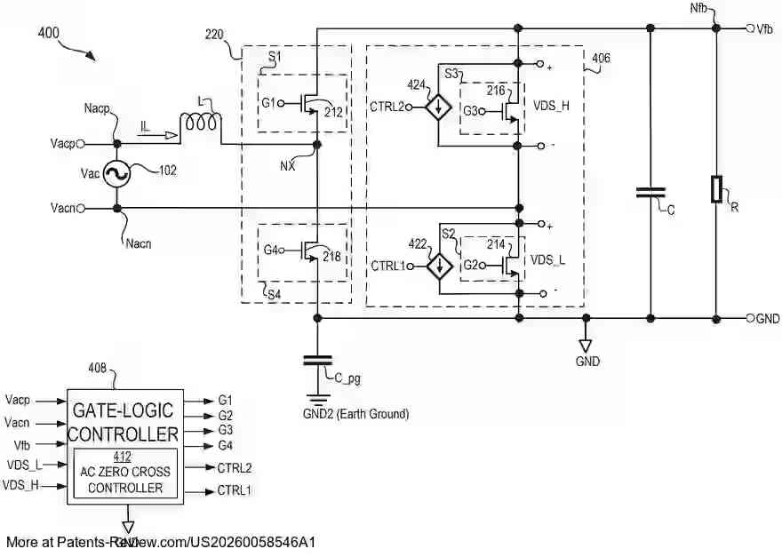 PatentPulse's tweet photo. 🔍 New patent application #US20260058546A1 by #PowerIntegrations reveals a
bridgeless power factor correction (#PFC) circuit aimed at reducing
electromagnetic interference (#EMI). A current source in parallel with a
low-frequency switch limits current during AC zero crossings, minimizing
voltage changes. This approach reduces EMI without large filters or complex
circuitry.  #Electronics
$POWI #PatentApplication