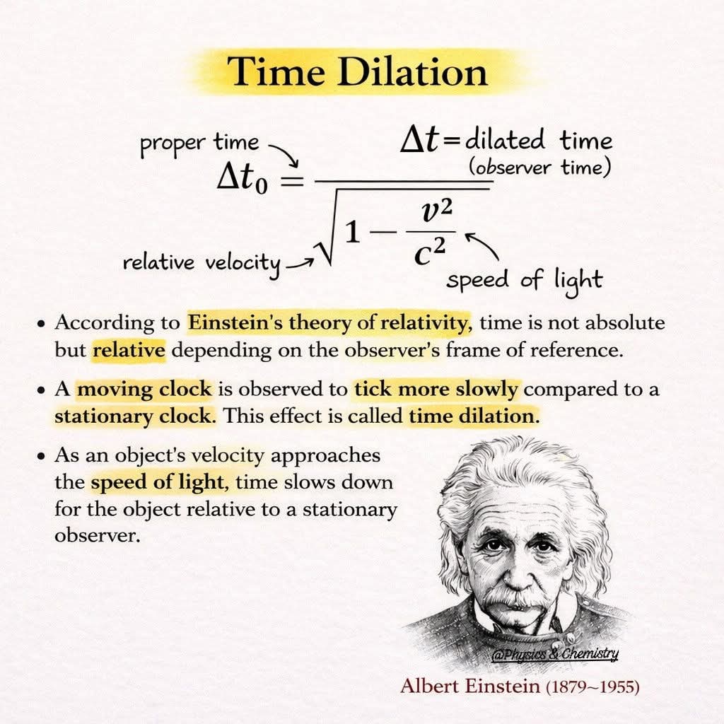 Time dilation by Albert Einstein ✍️

It is a phenomenon in physics where time slows down for an object moving faster through space, particularly as its speed approaches the speed of light. According to Albert Einstein's theory of relativity, time is not a fixed constant