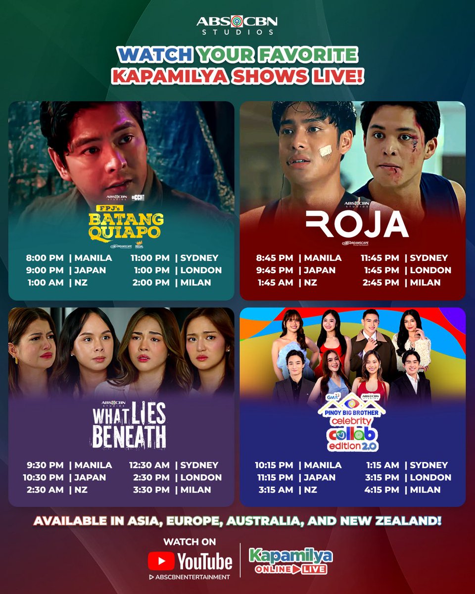 ABSCBNpr's tweet image. Big night, big finales coming up on #PrimetimeBida 🤩 ‘Wag mo ‘tong palalampasin!
 
Watch #FPJsBatangQuiapo, #ROJA, #WhatLiesBeneath, and #PBBCollab20 LIVE on #KapamilyaOnlineLive!